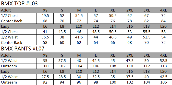 BMX size chart,DX size chart