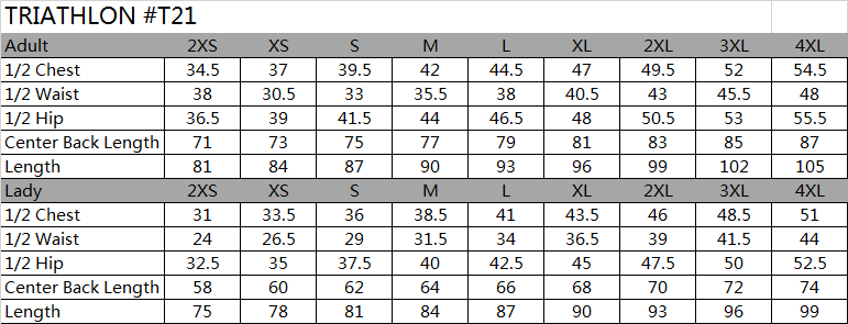 TRIATHLON SIZE CHART